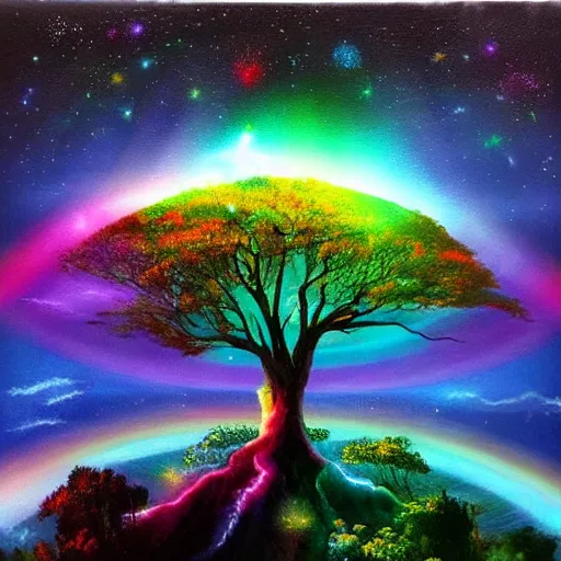 Image similar to the ghost of the world tree radiates rainbow light into the dark cosmos, epic painting