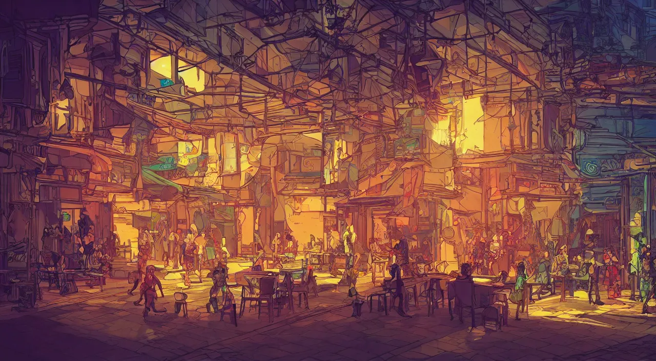 Image similar to bazaar zouk oriantal full color sky shine place mosquet painting stylized cutout vector digital illustration video game icon global illumination ray tracing that looks like it is from borderlands and by feng zhu and loish and laurie greasley, victo ngai, andreas rocha, john harris