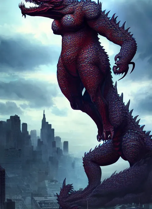 Prompt: artgerm, giant Kaiju dragon monster, god, tiny woman staring up at the Kaiju, expansive, unearthly, 8k, wide-shots, ginormous, horror, looming over city