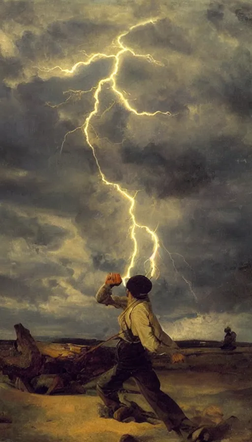 Image similar to still life painting of man getting struck by lightning, by Peder Krøyer, golden hour, dramatic lighting, epic, gargantuan, intricate detail, canvas print