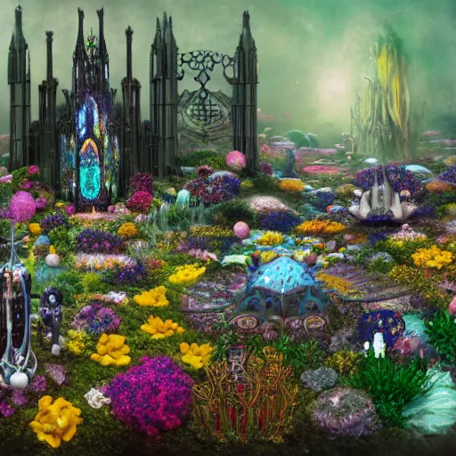 Prompt: a centered render of intricate modular synthesizer of alice in wonderland, shining its light across a tumultuous sea of flowers, undersea animals and gothic crystal church and robots and tunnels by dorothea tanning and salvador dali, trending on artstation, cyber punk, octane render, high detailed, human : - 2, blur : - 2, depth of field : - 2