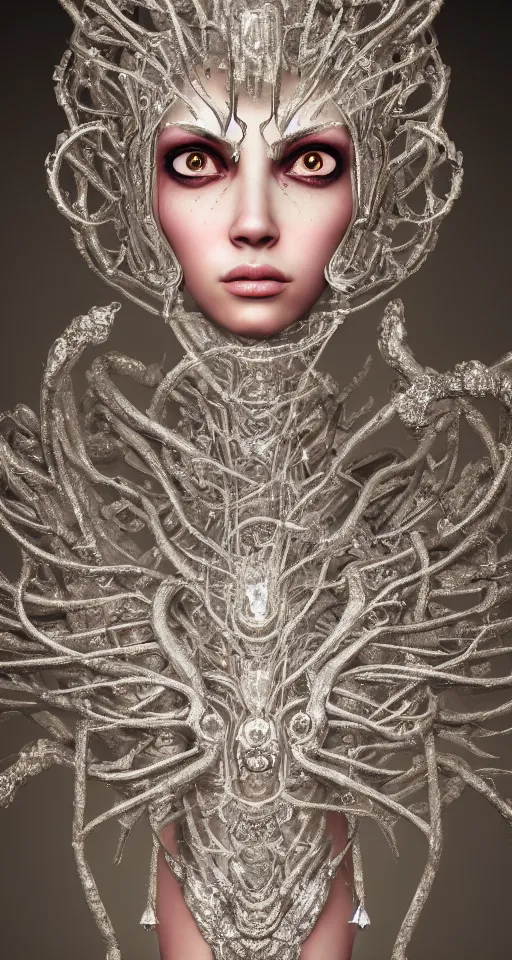 Image similar to full body detailed, ethereal, biomechanical, covered in diamonds and other gems glowing, highly detailed face, elegant posed, intricate, extremy detailed, beeple, cgsociety, 3 d unreal engine octane render. cinematic lighting, highly detailed 4 k art