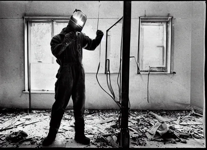 Prompt: welder in welding mask in an abandoned asylum, by richard avedon, tri - x pan stock