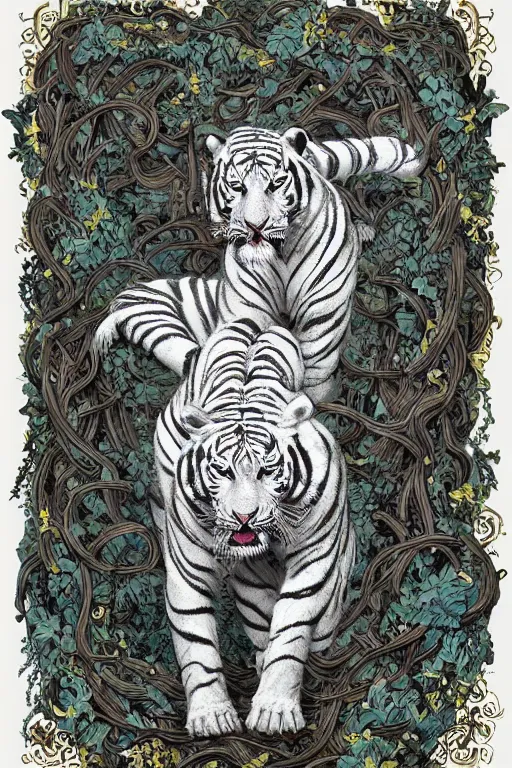 Image similar to ultra realistic full - body white tiger wrapped in vines and white flowers + black paper + elements + white + gold + cyan + baroque + rococo + ink, marc simonetti, paul pope, peter mohrbacher, detailed, intricate ink illustration