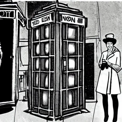 Prompt: Queen Elizabeth II standing on the street next to the Tardis, sci-fi concept art