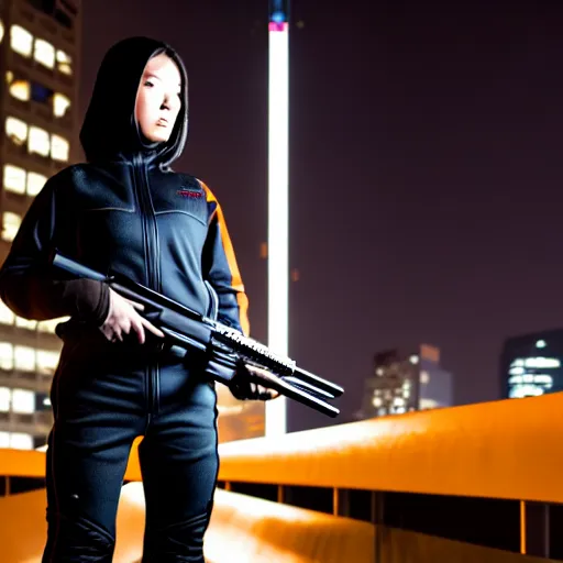 Prompt: photographic portrait of a techwear woman holding a shotgun, holding gun down, closeup, on the rooftop of a futuristic city at night, sigma 85mm f/1.4, 4k, depth of field, high resolution, award winning photography, Kill Bill, John Wick, Die Hard, movies with guns, movie firearms,