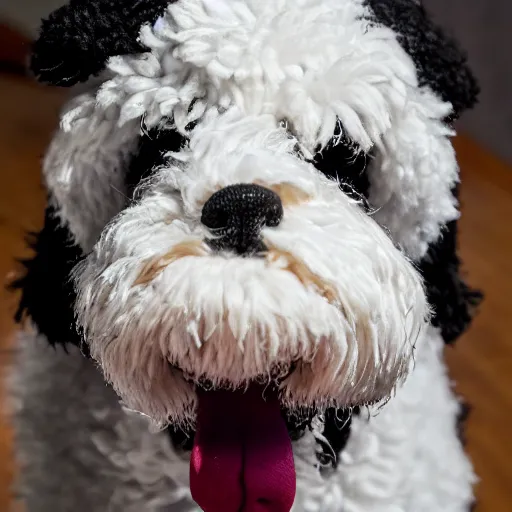 Image similar to a closeup photorealistic photograph of a cute smiling knitted bernedoodle judge dog dressed in a black gown, presiding over the courthouse. indoor image, professional capture, well lit shot. this 4 k hd image is trending on artstation, featured on behance, well - rendered, extra crisp, features intricate detail, epic composition and the style of unreal engine.