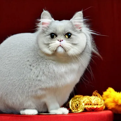Image similar to chinchilla persian, flat face cat, fat and fluffy, elegant, pompous, arrogant