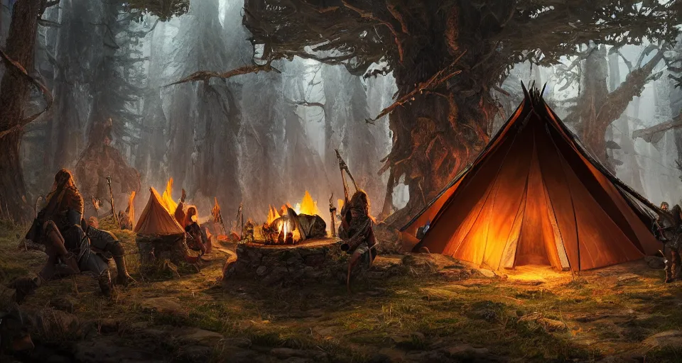 Image similar to an epic fantasy adventurer's camp with a hide tent 4 k, extremely detailed. award winning, trending on artstation, 8 k, ultra wide angle