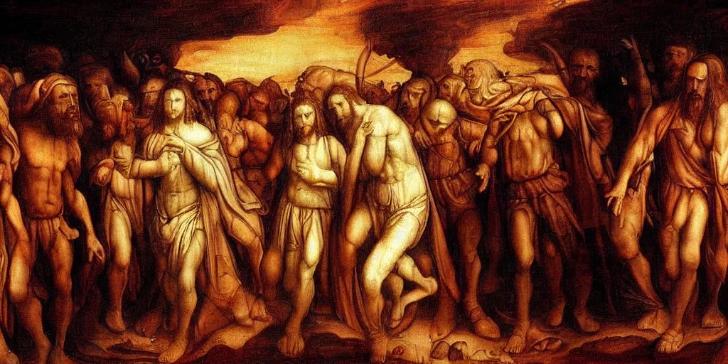 Image similar to Jesus Christ, walking through hell, to destroy Satan's kingdom, a fantasy digital Painting, by Leonardo da Vinci