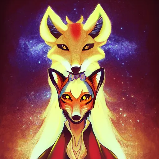 Image similar to a painted avatar portrait of a kitsune fox mage, in the style of dnd beyond avatar portraits, beautiful, artistic, elegant, lens flare, magical, lens flare, nature, realism, stylized