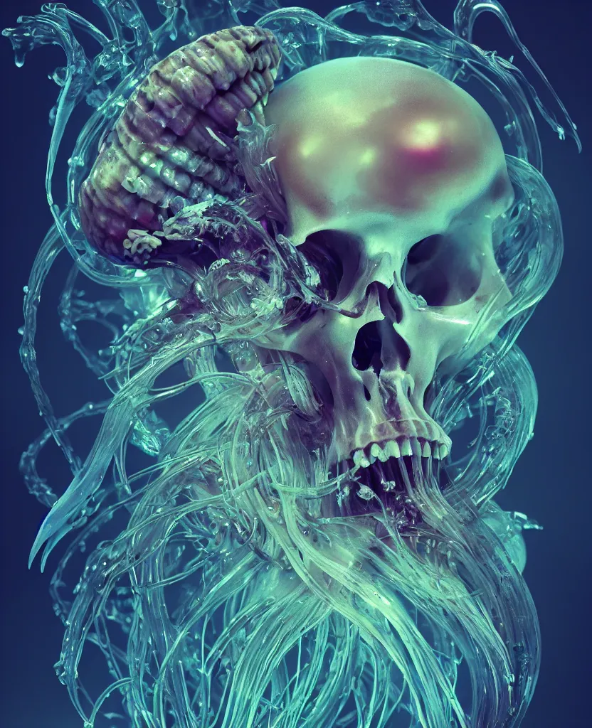 Image similar to goddess close-up portrait animal skull. jellyfish phoenix head, nautilus, orchid, skull, betta fish, bioluminiscent creatures, intricate artwork by Tooth Wu and wlop and beeple. octane render, trending on artstation, greg rutkowski very coherent symmetrical artwork. cinematic, hyper realism, high detail, octane render, 8k