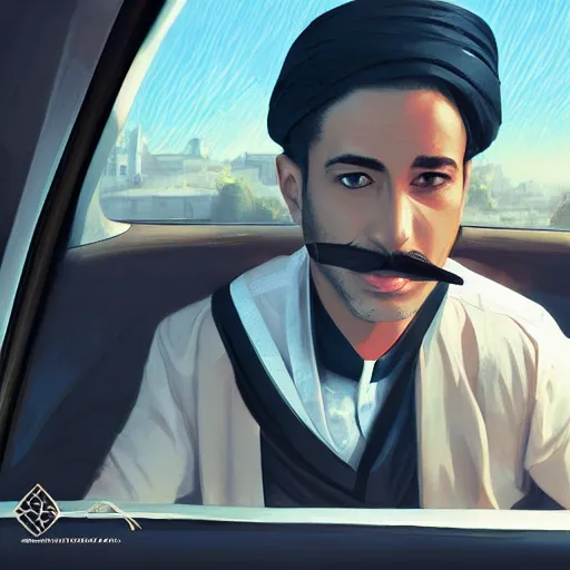 Image similar to arab man traditional outfit smoking inside a car, highly detailed, elegant, sharp focus, anime, digital art, in the style of greg rutkowski and craig mullins 4 k