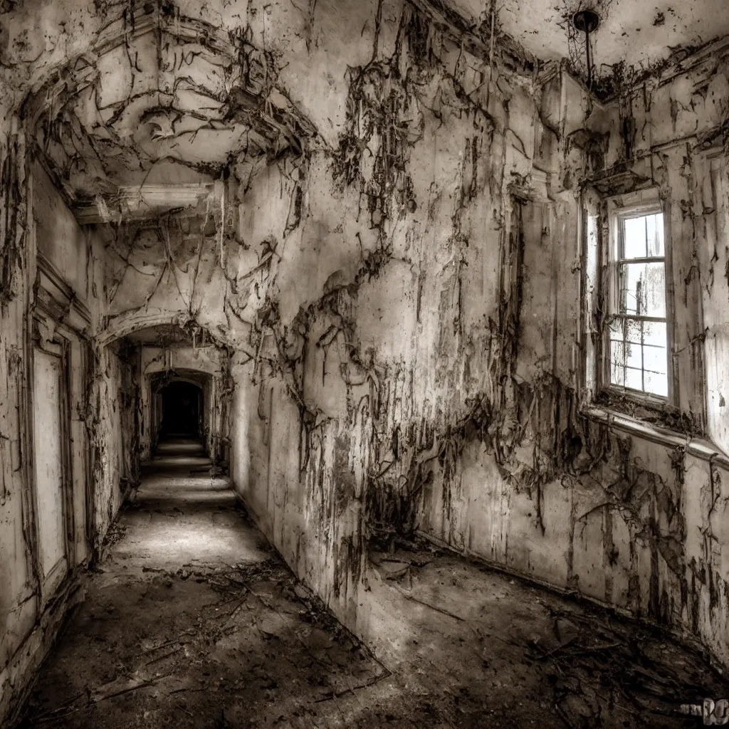 Image similar to exploring the inside of a haunted asylum, creepy, shadows, webs