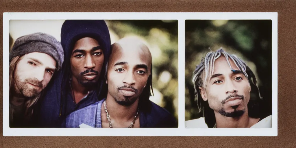 Image similar to Polaroid photograph of Kurt Cobain and Tupac Shakur, XF IQ4, 150MP, 50mm, F1.4, ISO 200, 1/160s, natural light, Adobe Lightroom, photolab, Affinity Photo, PhotoDirector 365,