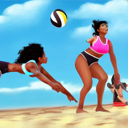 Image similar to A brown girl with black curly hair playing beach volleyball at the beach, highly detailed, artstation, 8k,