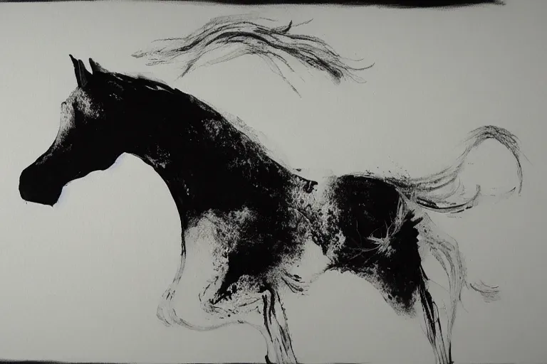 Prompt: bautiful serene horse, healing through motion, minimalistic ink aribrush painting on white background