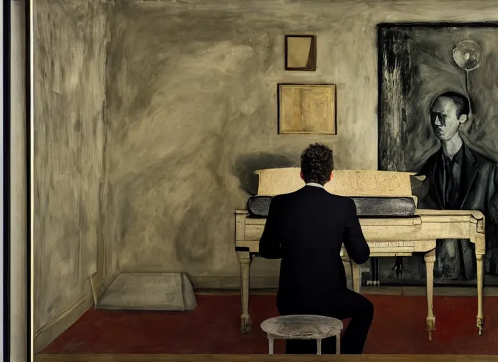 Prompt: piano player in suit waiting, vincent lefevre and hernan bas and pat steir and hilma af klint, psychological, photorealistic, dripping paint, washy brush, rendered in octane, altermodern, masterpiece