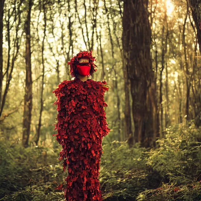 Prompt: a woman with a mask made of red ivy standing in a forest, golden hour, vogue magazine