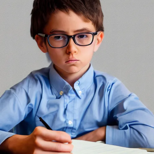 Prompt: a bored child CEO sitting at his desk, he wears glasses, detailed face, blurry background