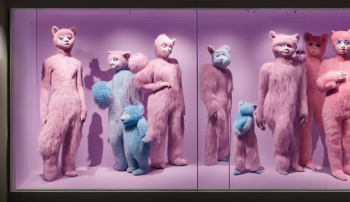 Image similar to diorama windowstore vitrine at the american museum of natural history, new york, of very realistic dissected in furry pink and blue and iridiscent teletubbies as furry animals, photography portrait aesthetic by guy bourdin, museum artifact