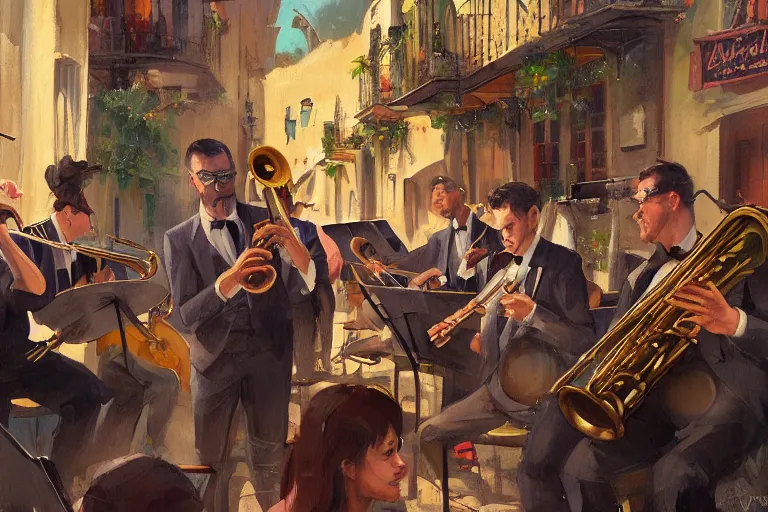 Image similar to a painting of a group of men playing instruments, a jazz band in new orleans, by rossdraws, wlop, greg rutkowski, ghibli