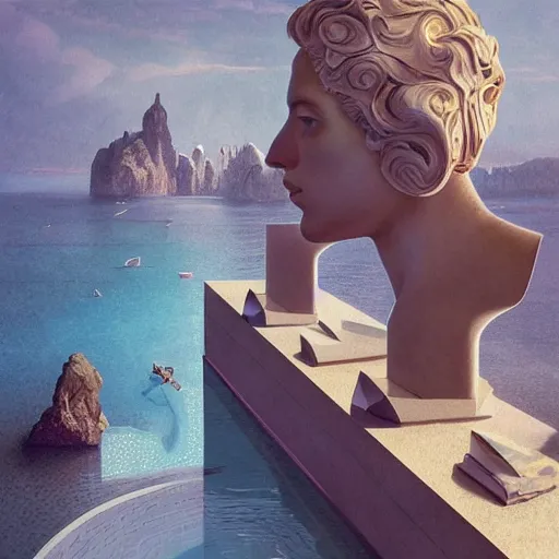 Image similar to peter tarka, minimalistic, hyperrealistic surrealism, award winning masterpiece with incredible details, epic stunning, infinity pool, a surreal vaporwave liminal space, highly detailed, trending on ArtStation, artgerm and greg rutkowski and alphonse mucha, daily deviation, IAMAG, broken giant marble head statue ruins