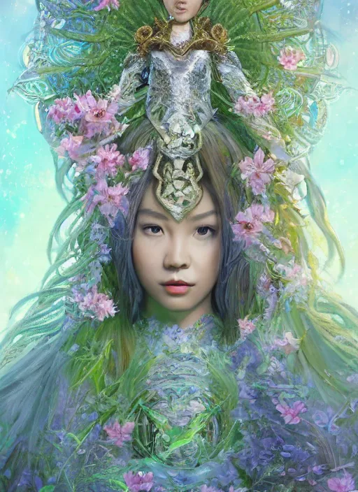 Prompt: portrait of Lalisa Manobal as a Celestial Goddess of a futuristic princess, inside future fighter, sci-fi, fantasy, intricate, lush garden spaceship with sakura season flowers, elegant, human anatomy, royal green and nature light, highly detailed, digital painting, artstation, concept art, smooth, sharp focus, illustration, art by tian zi and WLOP and alphonse mucha, masterpiece, 3d blender