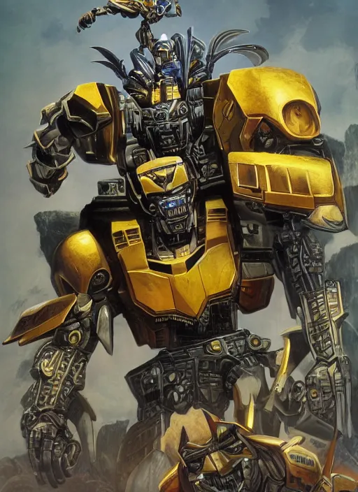 Image similar to the autobot bumblebee, digital illustration for pathfinder, full body, by Wayne Reynolds, tony diterlizzi, larry elmore, 2005, HQ scan, intricate details, Monster Manula, Fiend Folio, D&D monster, fantasy art, artstation trending