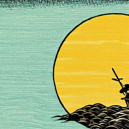 Prompt: Samurai standing in the middle of the lake with a big sun above him and clody sky, single color, Woodblock print, clean ink detailed line drawing