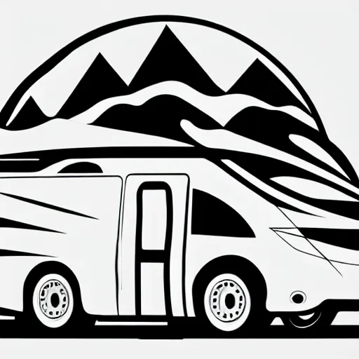 Image similar to very very very stylized minimal vector graphic of a thor chateau motorhome, hills and sunset, white background, all enclosed in a circle, professional minimal graphic design cartoon