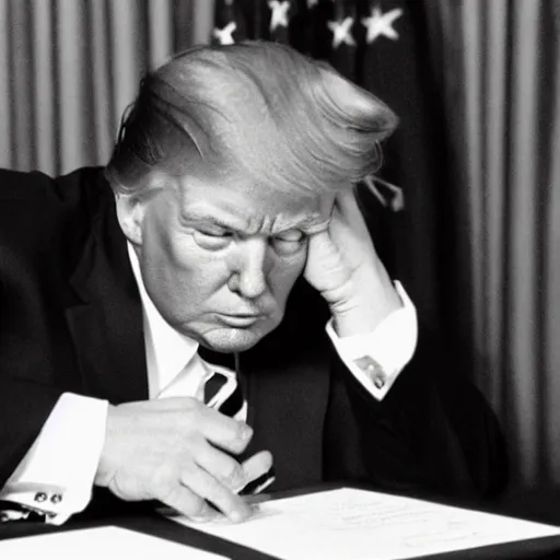 Prompt: donald trump trying to destroy classified documents, clearly stressed and crying