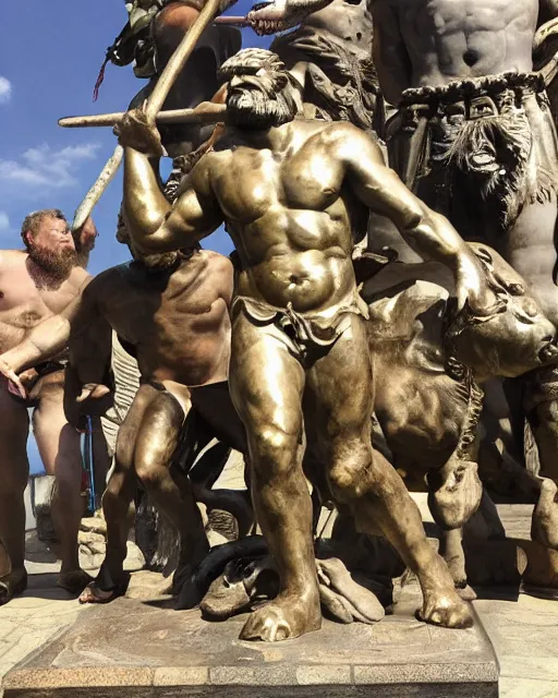 Image similar to jason and his argonauts sail by a gigantic bronze statue of a minotaur, bull man hybrid being holding a spear and shield, atmospheric, mythological