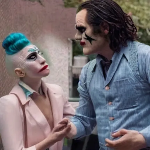 Prompt: ultra realistic candid from joaquin phoenix with lady gaga in new joker movie footage's, intricate details. sharp details