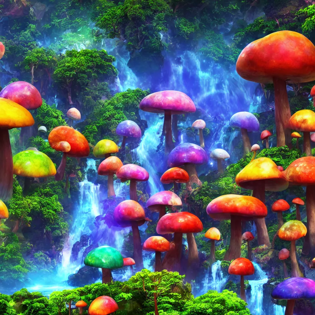 Image similar to colorful alien planet background, giant mushrooms, waterfall, tropical vegetation, landscape, rocks, anime, octane render, 4 k, ingame shot