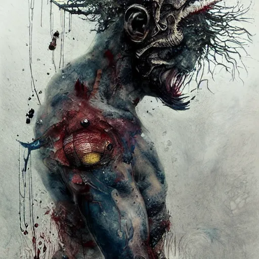 Image similar to mutant fishman with gills and scales from the ocean by emil melmoth zdzislaw beksinki craig mullins yoji shinkawa realistic render ominous detailed photo atmospheric by jeremy mann francis bacon and agnes cecile ink drips paint smears digital glitches glitchart