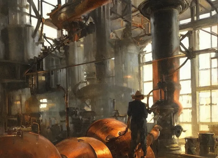 Image similar to oil painting of copper potstill in factory, art by anders zorn, wonderful art by greg rutkowski, beautiful cinematic light, american romanticism by greg manchess, reflections and refraction, sunlight