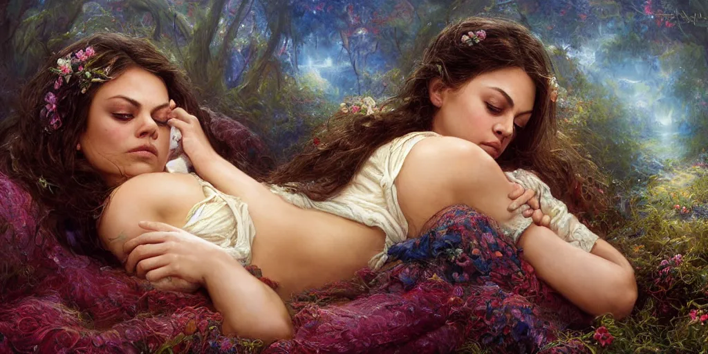 Image similar to Mila Kunis falling asleep, Lilia Alvarado, Sophie Anderson, Mark Arian, Bob Byerley, Charlie Bowater, Mark Brooks, Steve Henderson, Justin Gerard, Arthur Hughes, Edward Robert Hughes, Mark Keathley, Victor Nizovtsev, Carlos Shwabe, Ross Tran, WLOP