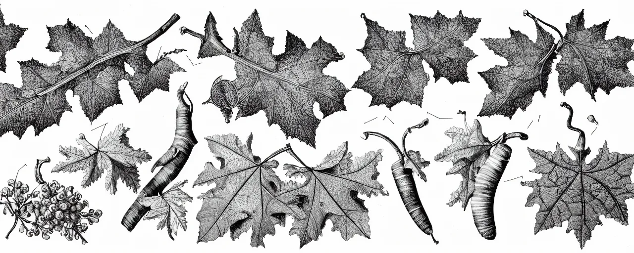 Image similar to a full page schematic diagram illustration of a vine leaves and acorns from an oak tree, ultra detailed, 4 k, intricate, encyclopedia illustration, fine inking lines