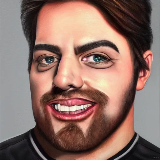 Image similar to Caricature portraits done of Vinny Vinesauce, realistic, hyperrealistic, very realistic, highly detailed, very detailed, extremely detailed, detailed, oil painting, digital art, trending on artstation