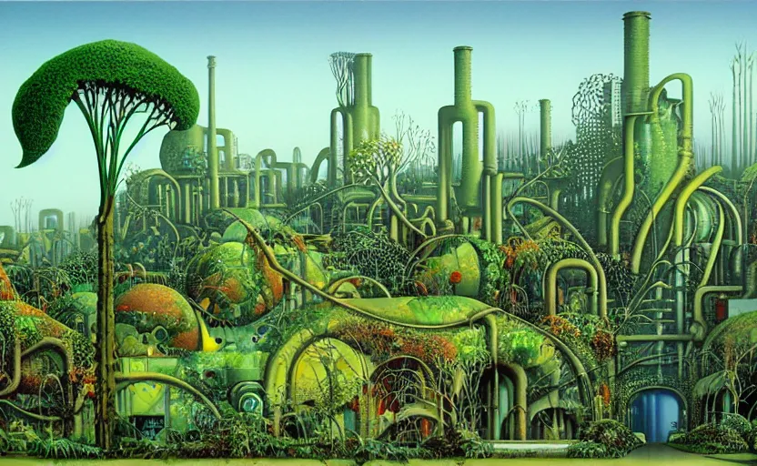 Prompt: industrial buildings surrounded by undergrowth by roger dean