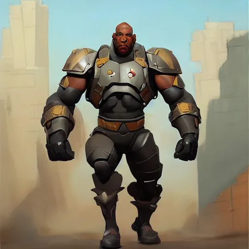 Image similar to greg manchess portrait painting of fully armored the foundation aka dwayne the rock from fortnite as overwatch character, medium shot, asymmetrical, profile picture, organic painting, sunny day, matte painting, bold shapes, hard edges, street art, trending on artstation, by huang guangjian, gil elvgren, ruan jia, greg rutkowski, gaston bussiere