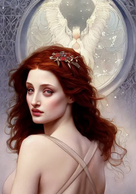 Image similar to sansa angeline jolie gessica chastain white snow skin, intricate, elegant, highly detailed, digital painting, artstation, concept art, smooth, sharp focus, illustration, art by artgerm and greg rutkowski and alphonse mucha and william - adolphe bouguereau