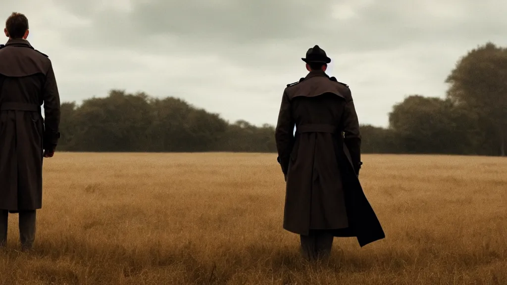 Image similar to a man in a trench coat check his watch in a field, low angle, concerned face, film still from the movie directed by Denis Villeneuve, wide lens