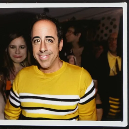 Image similar to jerry seinfeld dressed as a bee, halloween party, polaroid