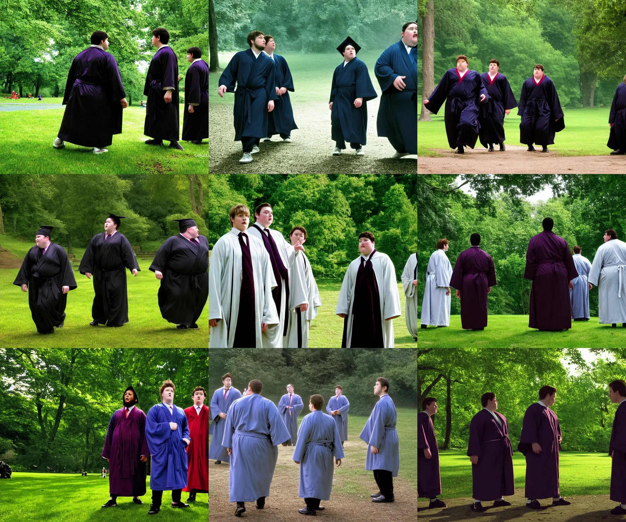 Prompt: sharp, highly detailed, film still from a 2 0 0 2 drama 8 k movie, two chubby wizards appear in a park in 2 0 0 2, a short male 3 3 year old wizard and a tall male 2 3 year old wizard, wearing robes and neckties, atmospheric lighting, in focus, reflective eyes, 3 5 mm macro lens, live action, nice composition