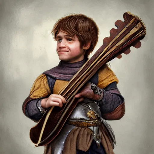 Prompt: realistic portrait of a halfling male holding a lute, happy, bard, short hair, intricate details, cinematic, photo, fantasy, medieval, trending on artstation, digital art, in the style of wizards of the coast