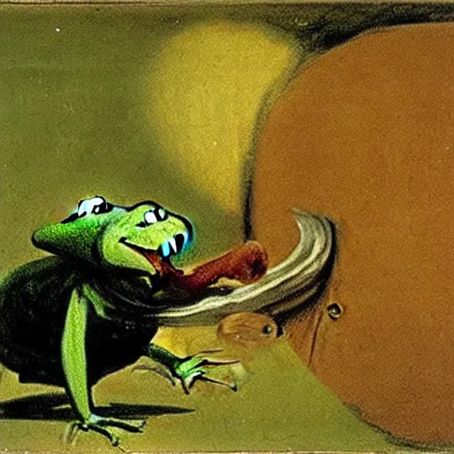 Image similar to Kermit the Frog in “Saturn Devouring His Son” by Francisco Goya, fresco, horror