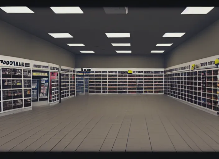 Image similar to polaroid photograph of an empty blockbuster store, liminal space, familiar place, mannequins, black mold, amateur, unreal engine, photorealistic, trending on artstation