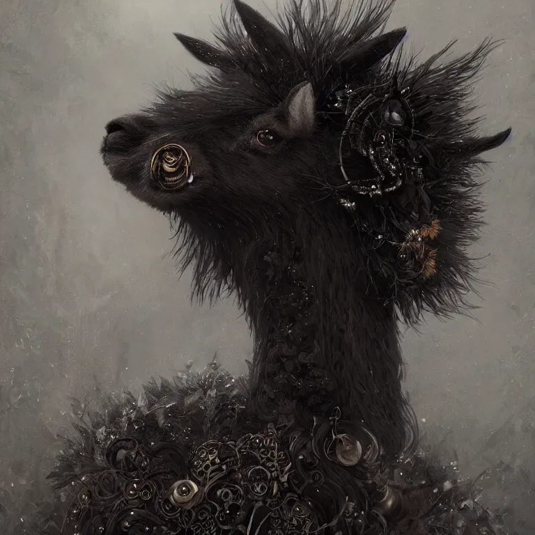 Image similar to highly detailed portrait of a goth alpaca, black eyeshadow, piercings, earrings, unreal engine, dark fantasy art by greg rutkowski, loish, rhads, ferdinand knab, makoto shinkai and lois van baarle, ilya kuvshinov, rossdraws, tom bagshaw, alphonse mucha, global illumination, radiant light, detailed and intricate environment